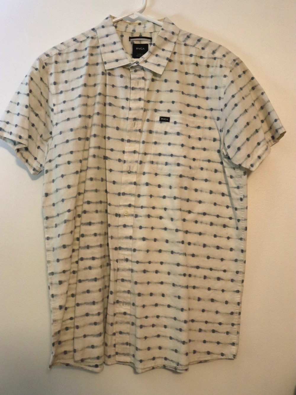 RVCA Cream Short-Sleeve Button-Up Shirt with Blue Dot Grid
